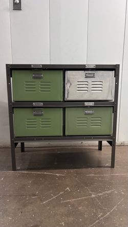 Vintage Worley & Co. Industrial Locker Basket Cabinet - Sage Green & Chrome, 4 drawer