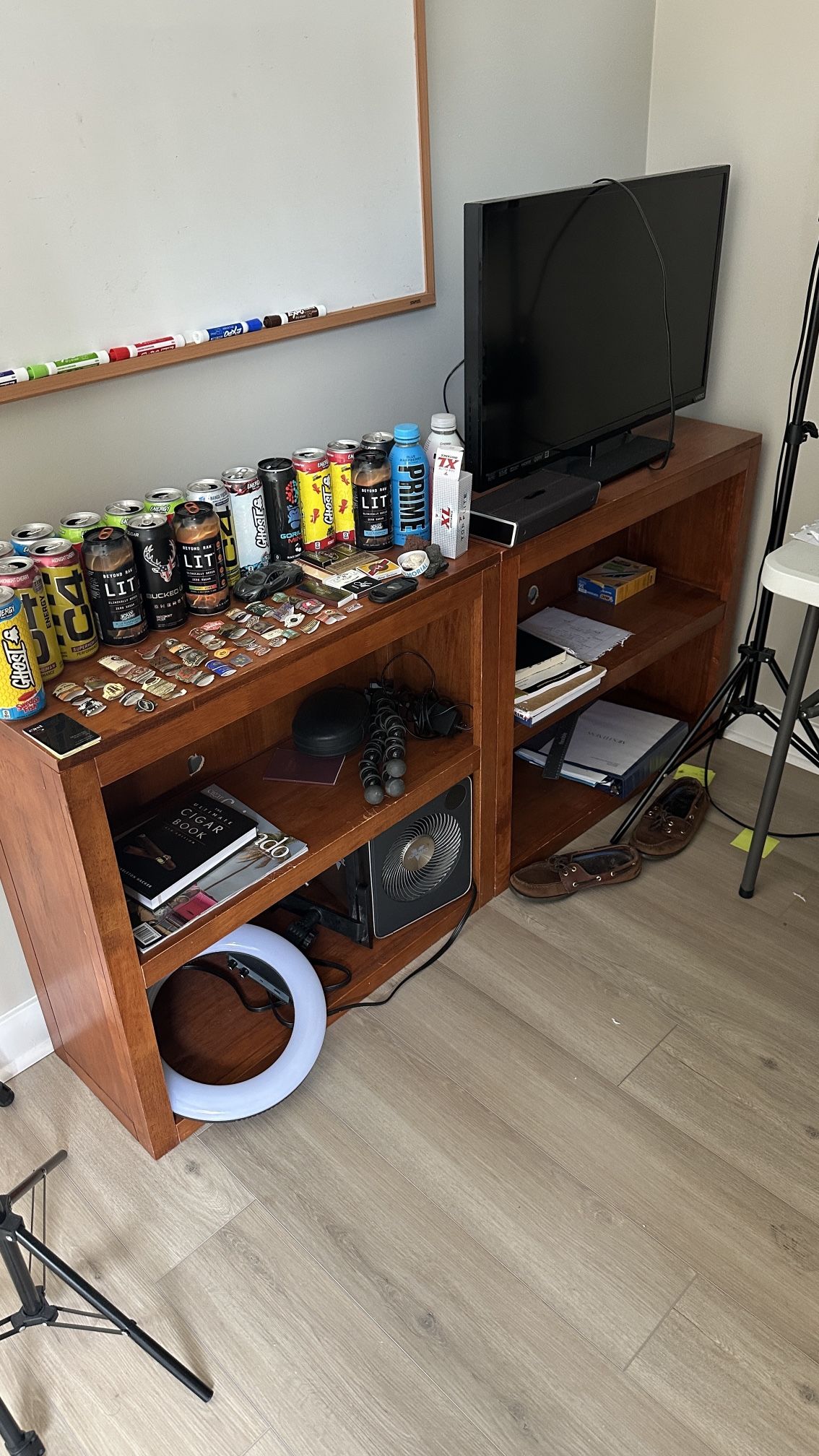 2 Wooden Bookshelves, 1 Bedside table & Tower Fan
