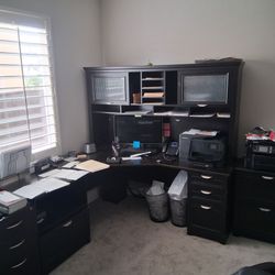 L-Shaped Desk with Hutch Realspace Magellan Espresso Finish [Xz desks and little drawer}