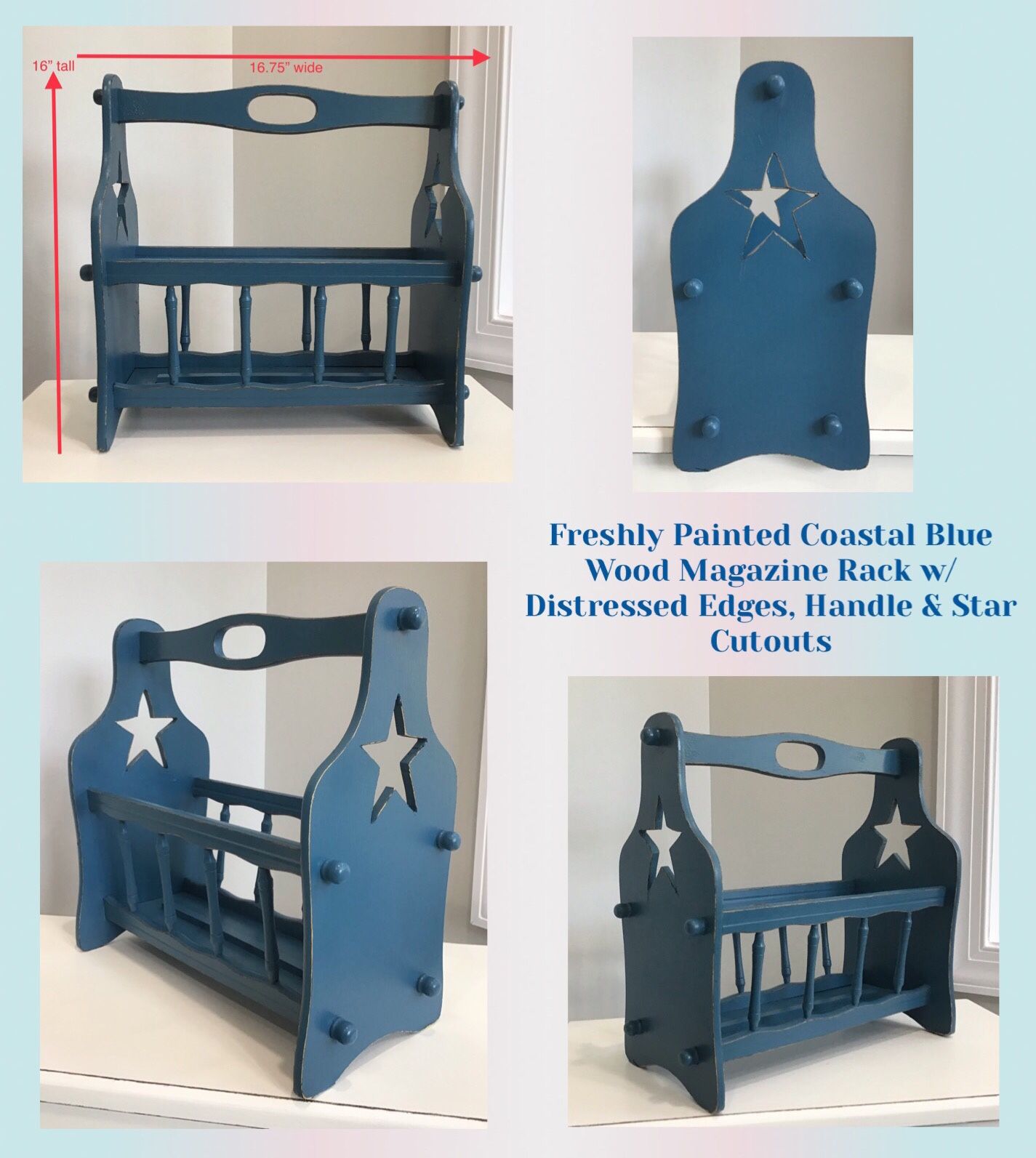 Freshly Painted Coastal Blue Wood Magazine Rack w/ Distressed Edges, Handle & Star Cutouts