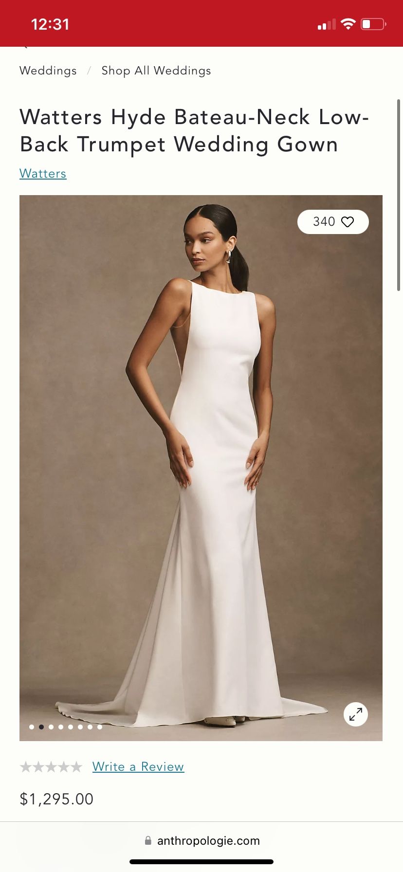 Watters Hyde Bateau-Neck Low-Back Trumpet Wedding Gown