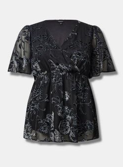 Torrid Black Floral Velvet Burnout Wrap Blouse New With Tags 3X