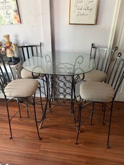 Glass Top Wrought Iron Pub Table Set with 4 Chairs