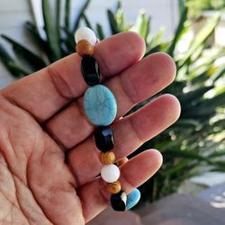 Large Handmade Beaded Bracelet Turquoise Onyx Glass Tan Wood White Plastic Beads