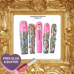 Long Pink Glitter Rhinestone Press On Nails 10 Pc Set - FREE GLUE & BUFFER