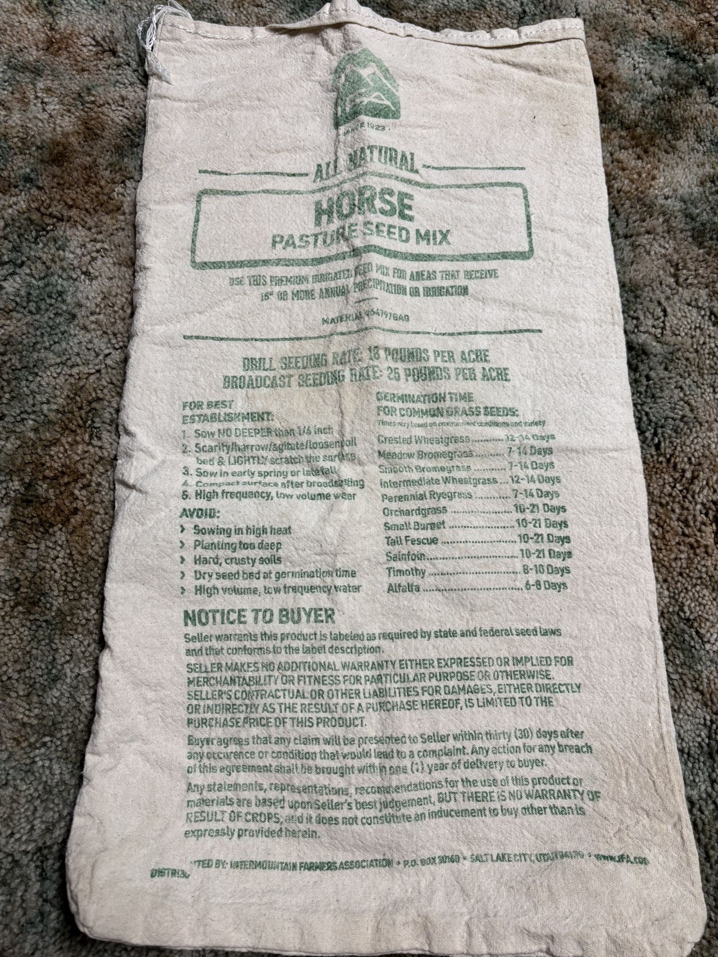 14x26 All Natural Horse Pasture Seed Mix Canvas Sack by IFA