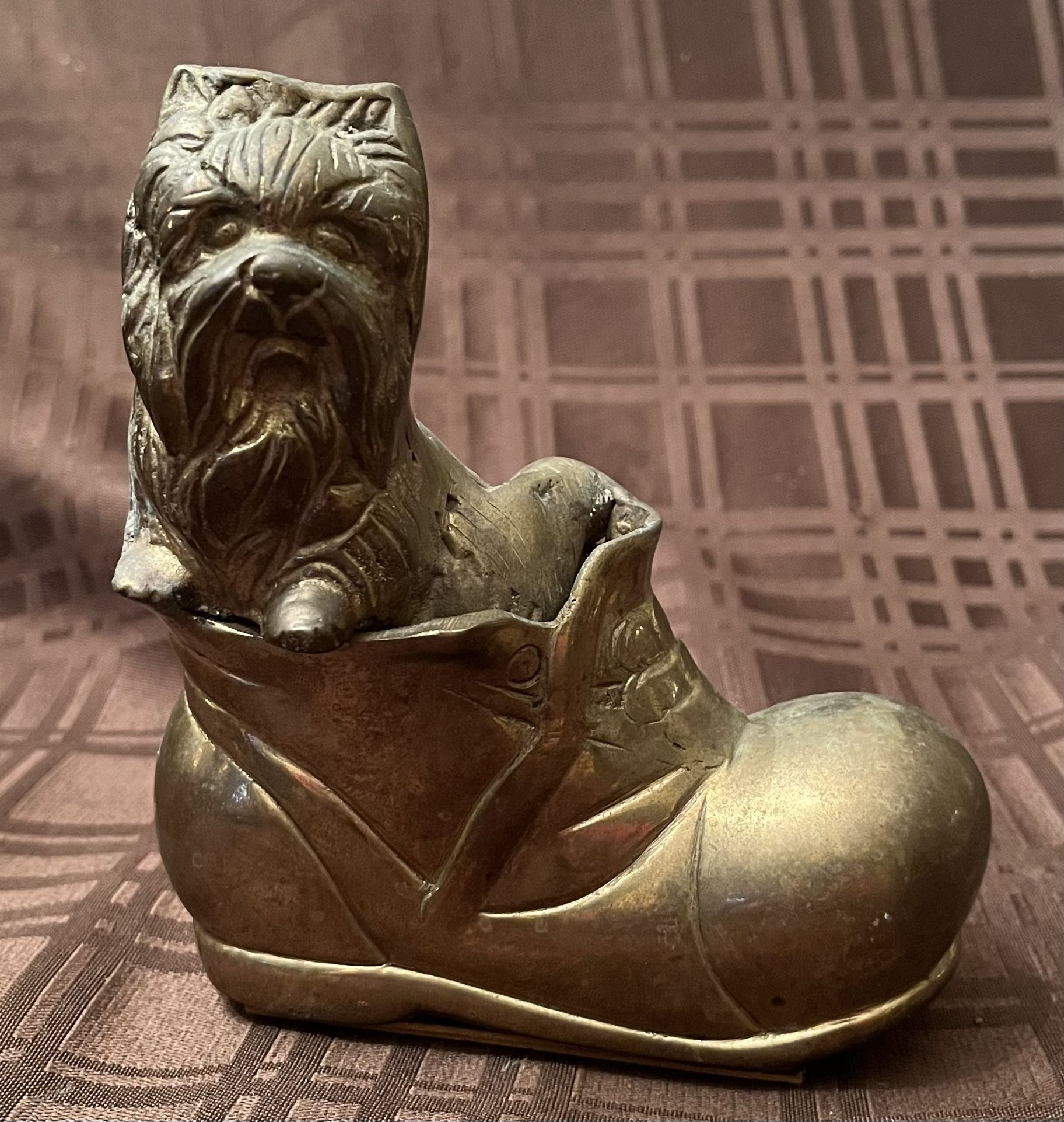 Vintage MCM Brass Yorkshire Terrier In Boot 5” Tall 4.5” Long