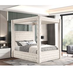 Ivory Canopy Bed Frame Button Tufted 87” Tall Brand New In Box Firm Price Queen $599 Eastern King $660