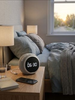 Round Gray/White Digital Alarm Clock w/ Snooze, Light, Dimmer, USB 5V Power