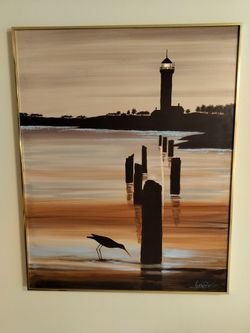 Vintage Mid Century Oversized 50.5H x 40.5W Lighthouse At Sunset Seascape Oil on Canvas by Lee Reynolds