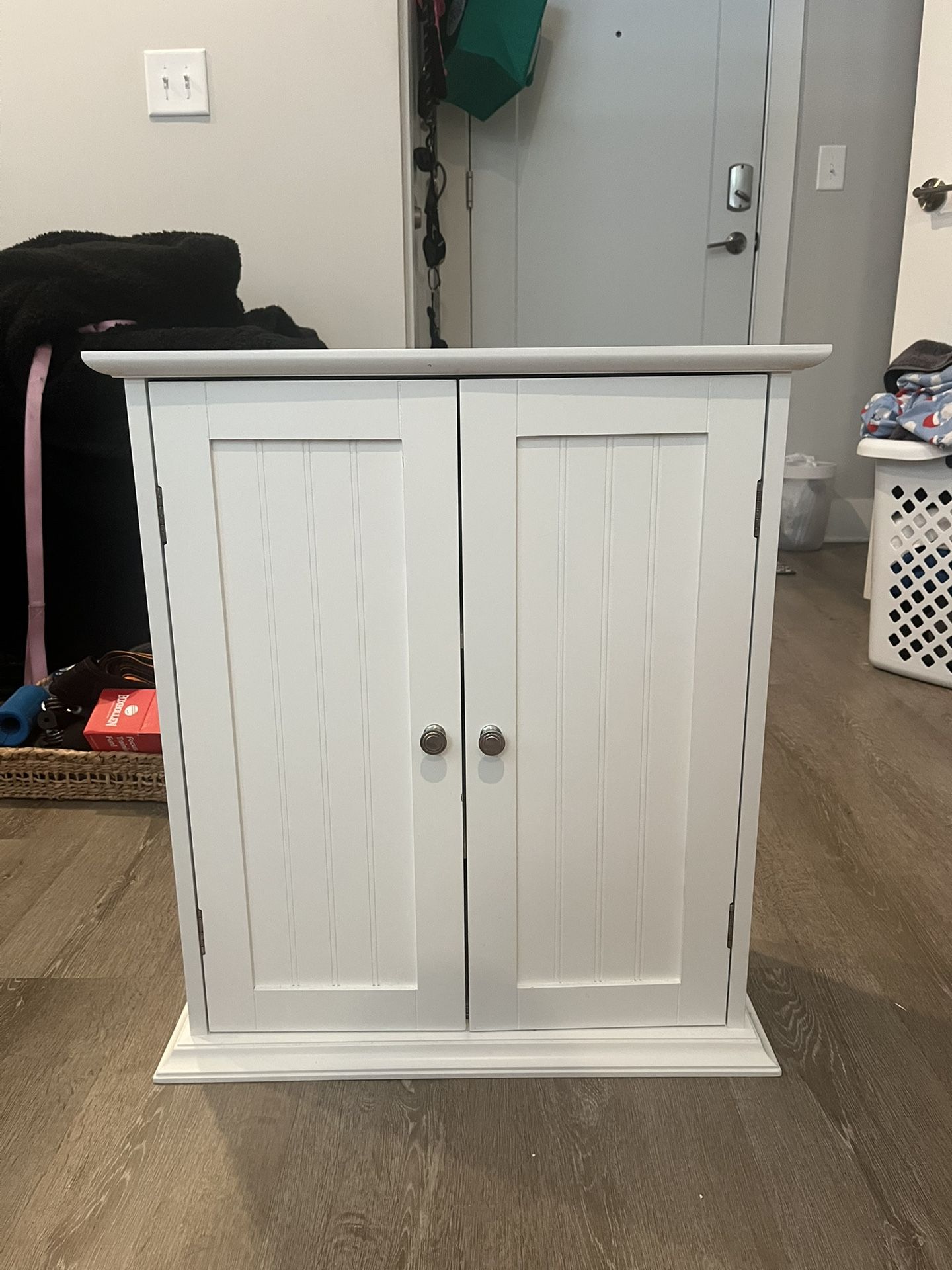 Modern White Wooden Wall Cabinet Chrome Fixtures Tiered Shelving