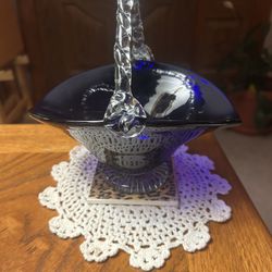 Cobalt Blue Art Glass Basket With Ribbed Handle 8" Tall x 7-1/4" Wide