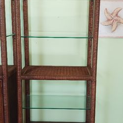 Vintage Henry Lonk Balmnoo Rattan Lighted Etagere Glass Shelves