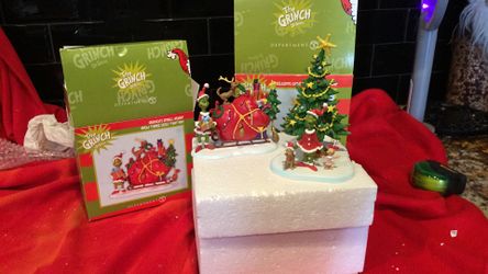 Dept56 Grinch Village.  2 Pieces.  “ Welcome Christmas, Christmas Day”.      and.  “Grinch’s Small Heart Grew Three Sizes That Day”