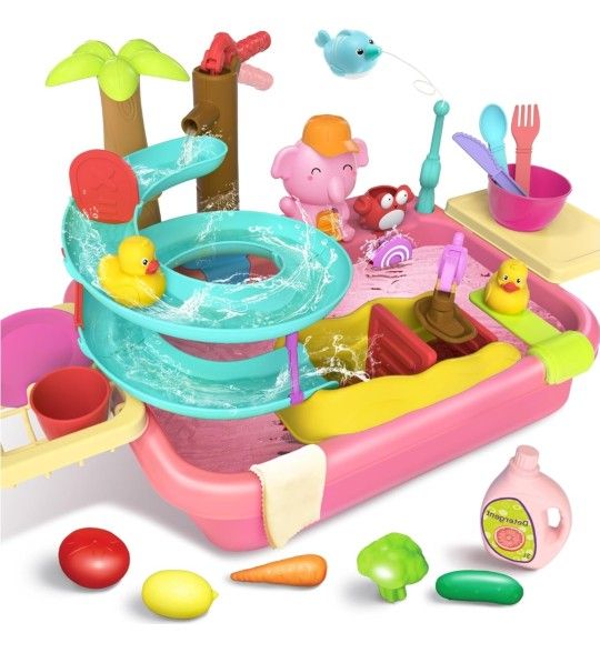 Play Sink with Running Water, 4-in-1 Water Table Toy with Slide Track, Magnetic Fishing Game Floating Toys for Water Play for Kids Toddlers Pink