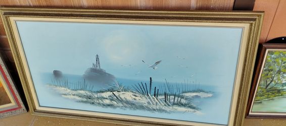 Large oil painting sea landscape with lighthouse