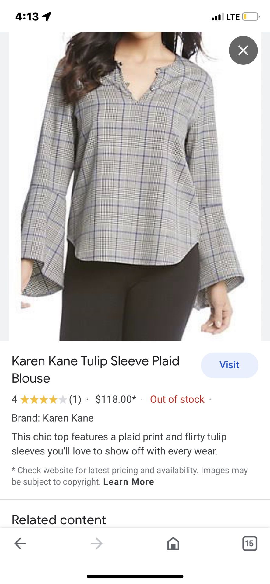 Karen Kane Tulip Sleeve Plaid Blouse Size Medium for Sale in Spring ...