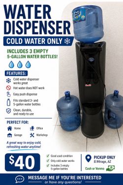 Water Dispenser + 3 Five-Gallon Water Bottles – $40