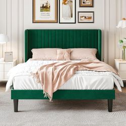 Full Size Velvet Bed Frame, Tufted Wingback Headboard, Green 47'' Modern Vertical Channel Headboard, Upholstered Platform Bed, Wood Slats, No Box Spri