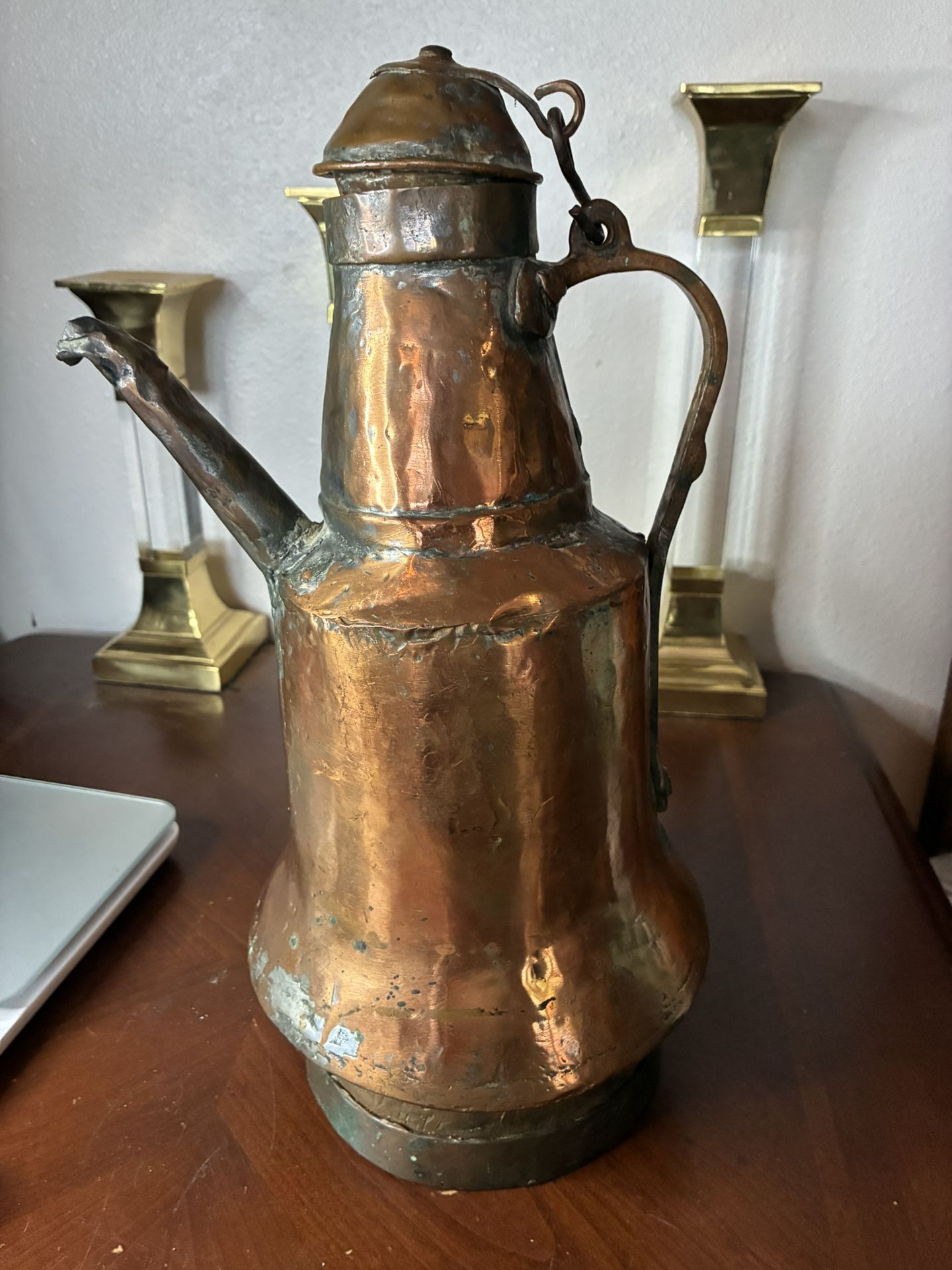 Antique Middle East Hand Hammered Copper Ewer Riveted Handle - Large Primitive   