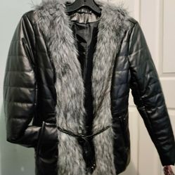 Faux Leather Jacket , Faux Fur Trim