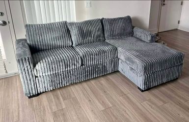 Brand New Grey Fur Like Corduroy Sectional Sofa Couch (New In Box)