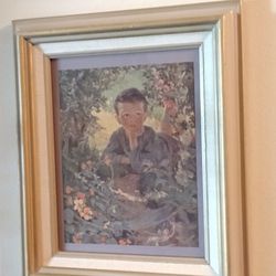 Asian Boy Child Happily Lying A Child's Garden of Verses Vintage Framed Illustration 13×11