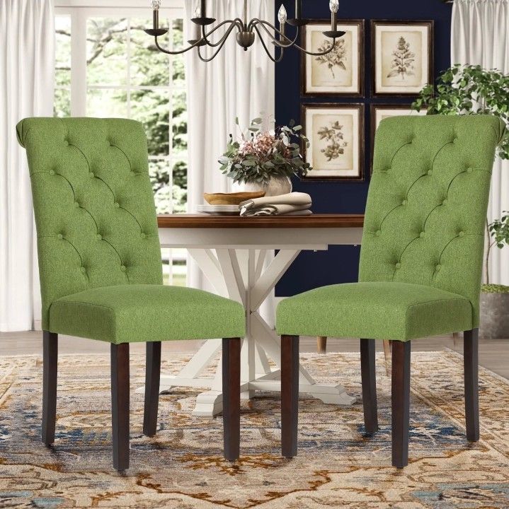 Set of 2, COLAMY Tufted Fabric High Back Dining Chair, Rolled Back Kitchen Chair, Set of 2, Green