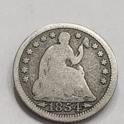 1854 Silver Seated Liberty Half Dime / Rare Antique U.S Coin