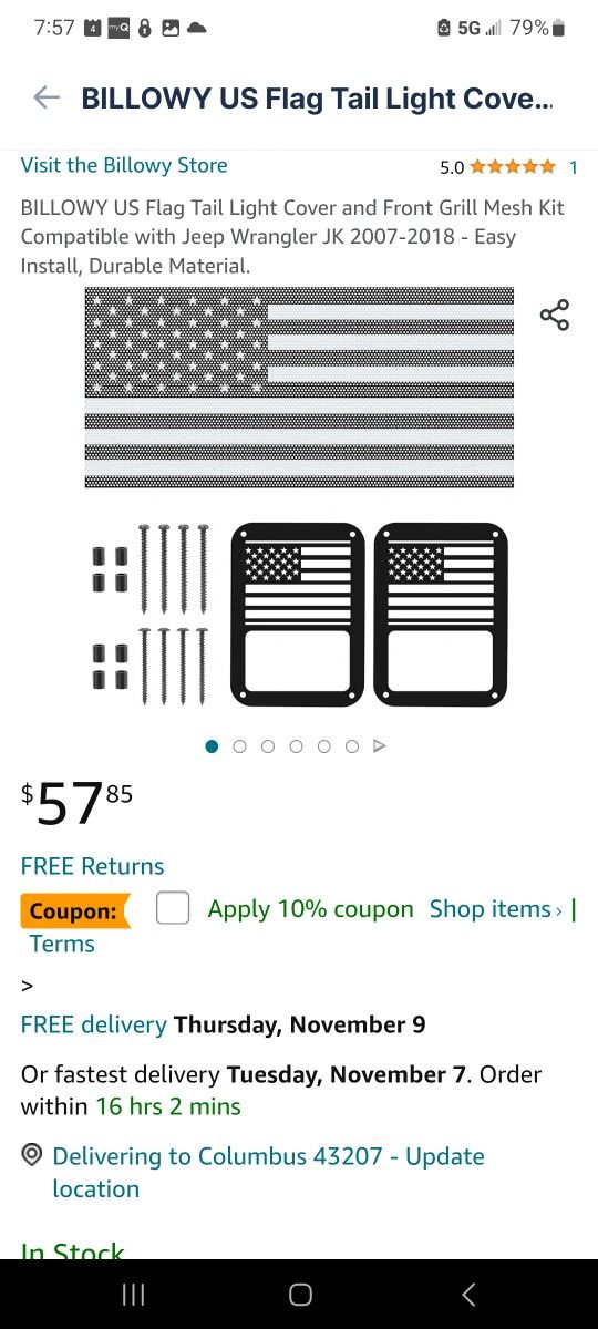 Jeep Wrangler JK Grill Taillight Covers, American Flag