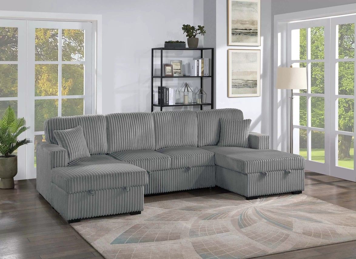 Brand New 120"×60" Gray Corduroy U Sectional With Storage Chaise