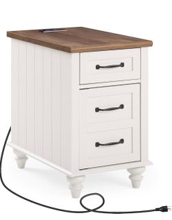 White Farmhouse End Table with Charging Station