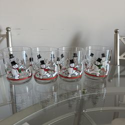 Vtg Libbey 4" Tumblers DANCING SNOWMAN Christmas Lights Set of 4 Glasses Lowball