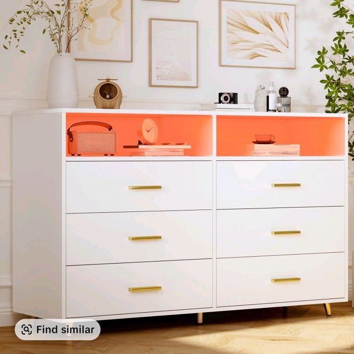 RaybeeFurniture Dresser with LED, 6 Drawers Dresser with Large Organizer, Wood Dressers & Chests of Drawers, Dresser Wood with Drawers