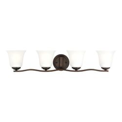 Vanity Light, New In Box - 4 Lights, Bronze, About 32” Long X 6.25” High, Satin Etched Glass Shades