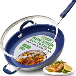 NutriChef 14" Fry Pan With Lid - Extra Large Skillet Nonstick Frying Pan with Silicone Handle, Ceramic Coating, Blue Silicone Handle, Stain-Resistant 