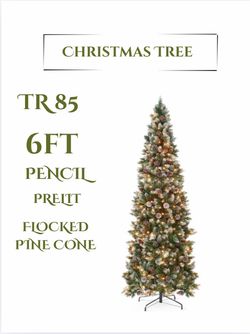 🎄6ft Pre-lit Pencil Christmas Tree Pine w/Warm White Lights Partially Flocked Frosted Slim Holiday Decoration Skinny Xmas Tree 250 Lights 618 Frosted