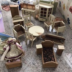 Antique , Vintage Doll And Wooden Furniture