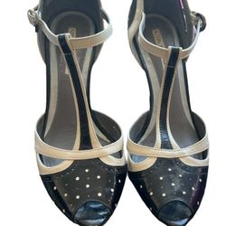 Via Spiga Shoes Spectator Flirty Peep Toe 7 1/2  Buckled Strap Cream & Black.  Little dots on front remind me of the 40’s shoes 4” height heel There i