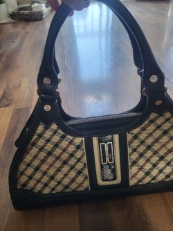 Plaid Shoulder Bag with Black Leather Trim