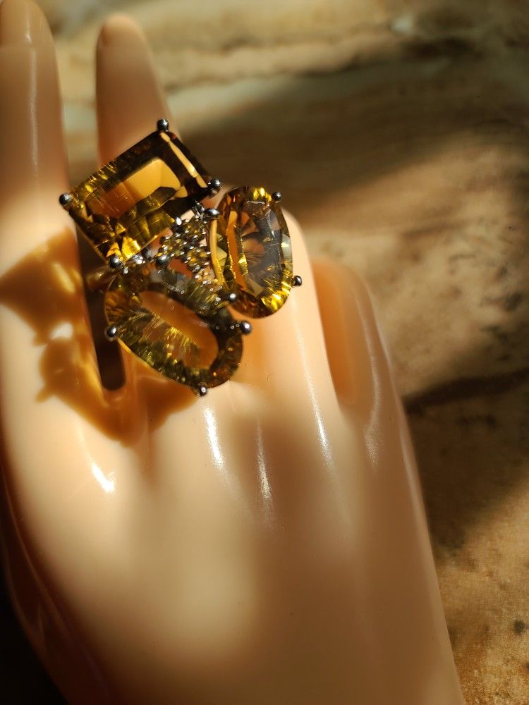 Cognac Citrine & Yellow Sapphire .925 Sterling Silver Ring Size 8