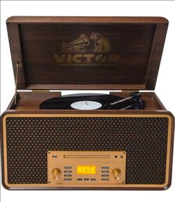 Victor VWRP-5000 Monument 8-in-1 Bluetooth Turntable with 3-Speed Vinyl Record Player, Cassette, CD Player, AM/FM Radio, USB, Aux Input, and Built-in 