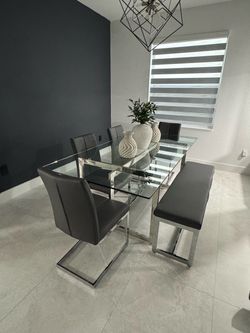 Glass Top Dining Table Set with Chairs and Bench