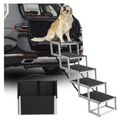 Deergym Dog Stairs for Large Dogs - 5 Step Wide 16in High 34in Foldable Dog Ramp for Car Non-Slip Surface Support up to 230lbs - Suitable for SUV,Truc