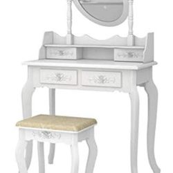 Rotation White Mirror Dressing Vanity Table Makeup Desk with Stool - (29.52 x 15.75 x 56.1)