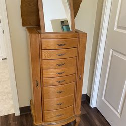 Large Solid Oak Wood Jewelry Armoire 