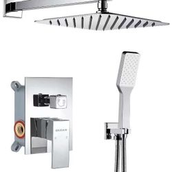 10 Inchs Bathroom Shower System with Mixer Shower Combo Set Wall Mounted Rainfall Shower Head Polished Chrome Shower Faucet Rough-in Valve Body and Tr