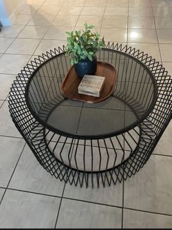 32 in. Black Round Open Wire Frame Glass Top Coffee Table