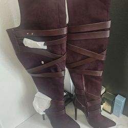 Burgundy Thigh High Heeled Boots