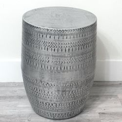 Drum Accent Table in Antique Silver with Tribal Pattern, - Like New